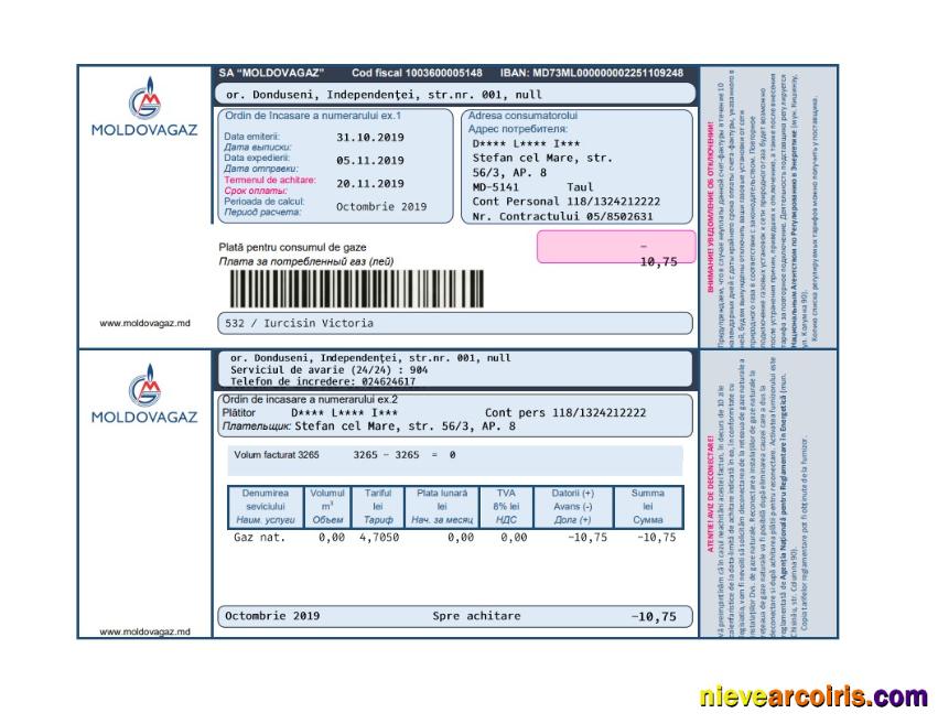 Moldova Moldovagaz utility bill